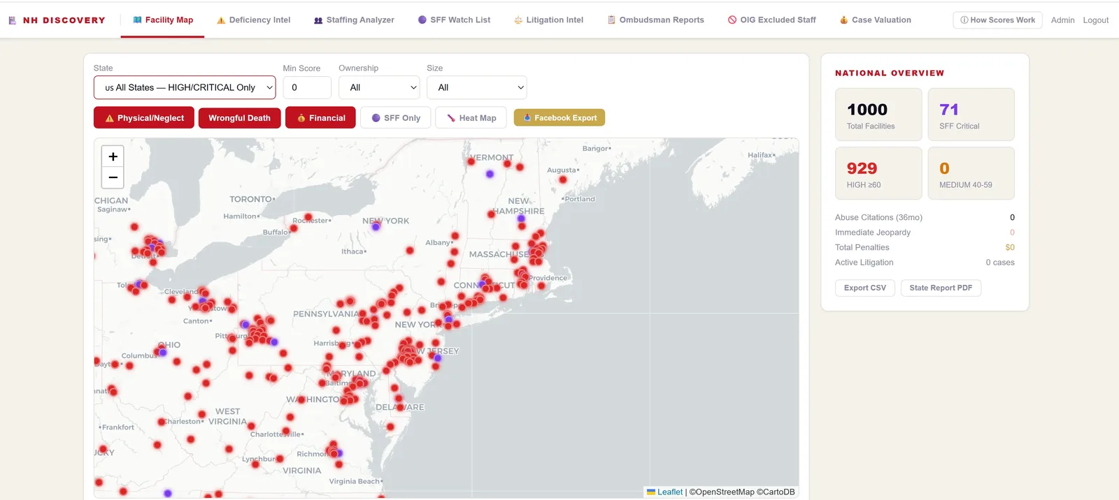 National nursing-home facility map showing 1,000 high and critical facilities with a national overview panel
